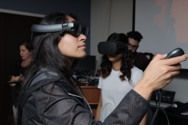 MTEn MFA students Ledis Molina and Monisha Selvaraj testing their projects on the Magic Leap and Oculus Quest headsets at Research Encounter 2020.